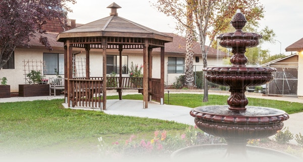 A fountain and gazebo outside at Lincoln Meadows